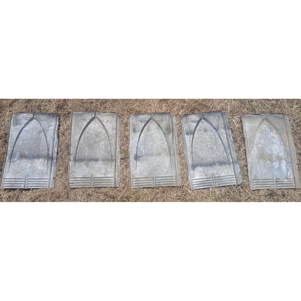 5 Antique Galvanized Roof Metal Tiles Gothic Arch Embossed Architectural Salvage